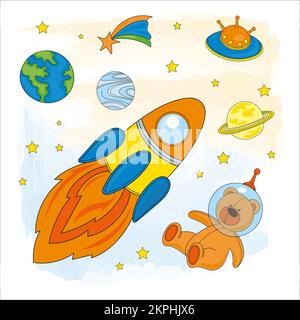 SPACE Cute Teddy Bear In Spacesuit Spaceship Planets And Stars Astronaut Children Universe Cartoon Clip Art Vector Illustration Set For Print Stock Vector