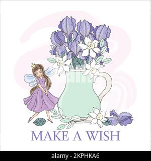 SPRING FAIRY Bouquet From Iris And Daffodils In Golden Dust Nearby Princess Girl In Crown And Violet Dress Cartoon Clip Art Vector Illustration Set Fo Stock Vector