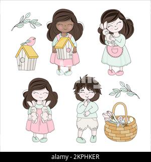 SPRING EASTER Child Characters Flowers And Easter Eggs Basket Hares Birds And Birdhouses Religious Holiday Cartoon Clip Art Vector Illustration Set Fo Stock Vector