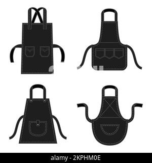 Black kitchens aprons of different shapes with pockets. Professional uniform for chef. Protective accessory for restaurant or cafe cook. Cotton cartoo Stock Vector