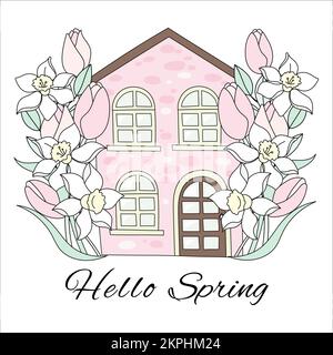 SPRING HOUSE Pink Color Surrounded By Daffodils And Tulips Season Flower Garden Holiday Cartoon Clip Art With Text Vector Illustration Set For Print Stock Vector