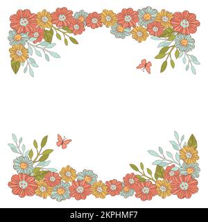 SUMMER FLOWERS Floral Decorative Frame From Wild Flowers Holiday Birthday Invitation Hand Drawn Flat Style Cartoon Clip Art Vector Illustration Set Fo Stock Vector