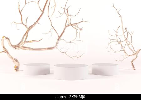 Minimal mockup background for product presentation. Podium and gold trees twigs on white color. 3d rendering illustration. Space for products. Luxury Stock Photo