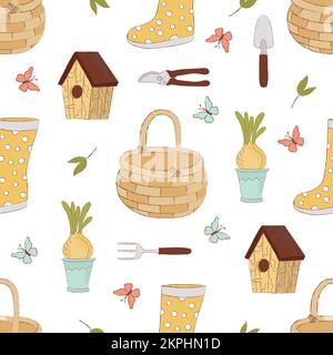 SPRING CRAFT Season Gardening Tools Flower Sprouts Birdhouse And Butterfly On White Background Hand Drawn Cartoon Seamless Pattern Vector Illustration Stock Vector