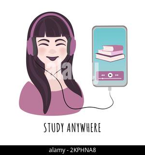 STUDY ANYWHERE Girl In Headphones With Player Of Smartphone Remote Education Online Audiobook Internet Flat Style Clip Art Vector Illustration Set For Stock Vector