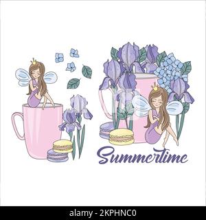 SUMMERTIME Winged Fairy Princess With Crown On Her Head Surrounded By Purple Irises In A Pink Mug And Cookies Clip Art Cartoon Vector Illustration Set Stock Vector