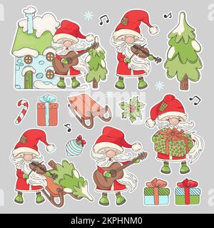 SANTA CHRISTMAS STICKERS Cartoon Santa Claus With Musical Instruments And New Year Attributes Printable And Plotter Cutting Clipart Vector illustratio Stock Vector