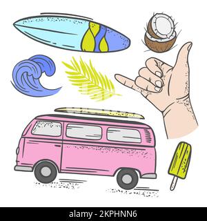SURFING VACATION Tropical Summer Cruise Sea Beach Travel Relax Hand Drawn Clip Art Vector Illustration Set For Print Stock Vector