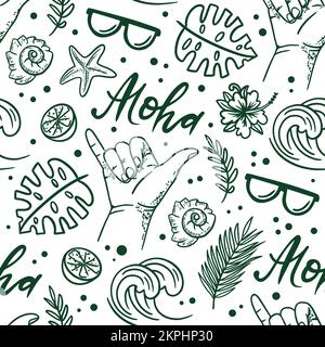 SURFING GREEN Hand Drawn Sketch Monochrome On White Background Summer Vacation Cruise Sea Beach Travel Cartoon Seamless Pattern Vector Illustration Fo Stock Vector