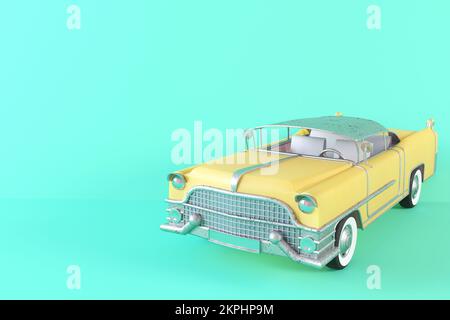 Vintage yellow toy car on green background 3D illustration. Scale model of retro car old green and yellow colors. Classic rare car. Stylized toy Stock Photo