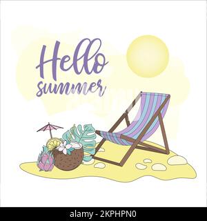 VACATION Summer Travel Tropical Sea Folding Chair Exotic Fruit Sunny Umbrella And Sun Cartoon Clip Art With Text Vector Illustration Set For Print Stock Vector