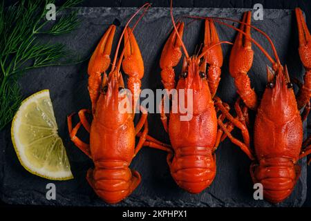 Boiled river crayfish with lemon and dill on slate Stock Photo