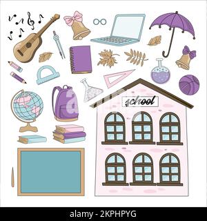 VIVAT SCHOOL Education Supplies School Building Chalkboard Globe Laptop Umbrella Briefcase Book And Guitar Cartoon Clip Art Vector Illustration Set Fo Stock Vector