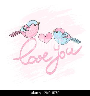 VALENTINE BIRDS Spring Love Mood Abstract Bullfinches With Pink Heart And Text On Pink Background Cartoon Clip Art Vector Illustration Set For Print Stock Vector