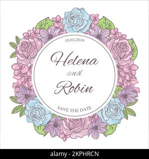 SAVE THE DATE Wedding Floral Decor Wreath From Roses And Green Branches Holiday Frame For Holiday Cartoon Clip Art Vector Illustration Set For Print Stock Vector
