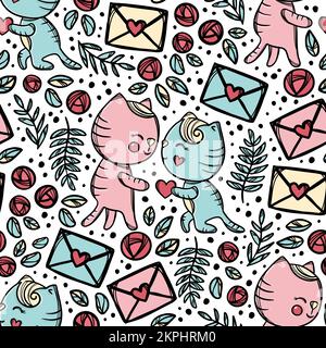 VALENTINE KISS Cat Makes Marriage Proposal Enamored Kitten Gives His Heart To Sweetheart Standing Knee Hand Drawn Seamless Pattern Vector Illustration Stock Vector