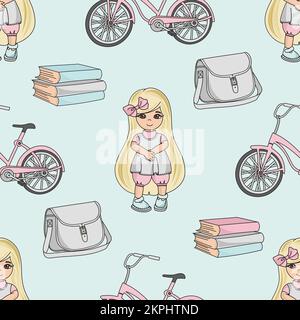 SCHOOL GIRLS Female Student And Education Supplies On Light Blue Background Seamless Pattern Vector Illustration For Print Stock Vector