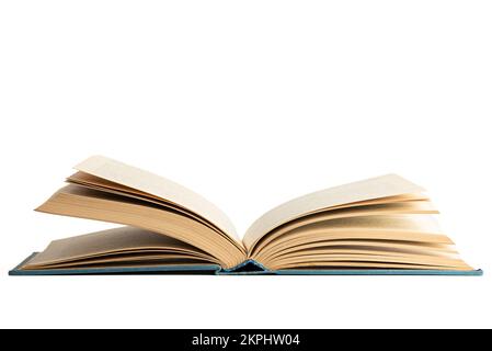 Opened hardback book isolated on white background. Copy space. Stock Photo