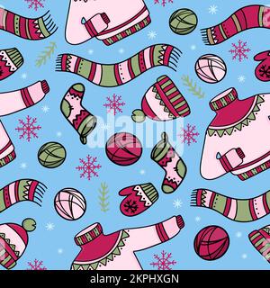 WARM WINTER CLOTHES On Light Blue Background Hygge New Year Merry Christmas Holiday Cartoon Hand Drawn Seamless Pattern Vector Illustration For Print Stock Vector