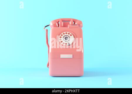 Vintage phone isolated minimal. Pastel colors, pastel plastic style phone. Retro telephone realistic 3d render. Pink telephone front view Stock Photo