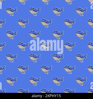 WHALE SMILING Cartoon Picture Hand Drawn Seamless Pattern Cute Blue Underwater Inhabitant For Design Vector Illustration On Blue Background Fairy Tale Stock Vector