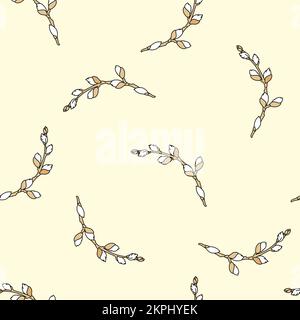 WILLOW BRANCH Gentle Awakening Of Nature In Spring Easter Eve On Yellow Background Cartoon Seamless Pattern Vector Illustration For Print Stock Vector