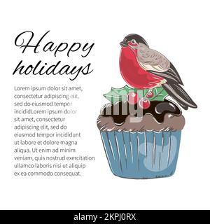 WINTER CAKE And Christmas Bullfinch On New Year Cupcake Decorated Rowan Hand Drawn Sketch With Supposed Text Cartoon Clip Art Vector Illustration Set Stock Vector