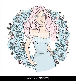 WINTER PORTRAIT Beautiful Girl With Long Pink Hair In Long Light Blue Dress With Wreath From Light Blue Roses Cartoon Clip Art Vector Illustration Set Stock Vector