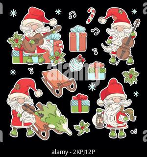 SANTA CLAUS STICKERS Cartoon Santa With Musical Instruments Christmas Tree And New Year Gifts Printable And Plotter Cutting Clipart Vector illustratio Stock Vector