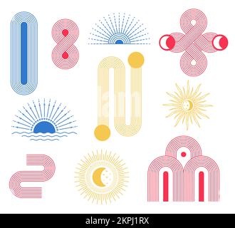 Abstract minimalist arch and geometric lines, sun and moon. Contemporary art elements. Abstract wall design with sunrise or sunset and sea, boho objec Stock Vector
