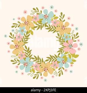 SPRING WREATH Hand Drawn Flat Design Floral Flower Holiday Frame Cartoon Vector Illustration For Print Stock Vector