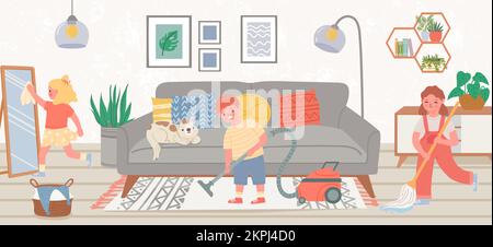 Kids doing housework in living room. Boy vacuuming carper, girls wiping mirror and washing floor with mop. Children doing household chores together, c Stock Vector