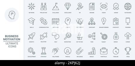 Business mission, challenge and motivation thin line icons set vector illustration. Abstract outline HR recruiting and outsource, leadership training and skills development, award and career of leader Stock Vector