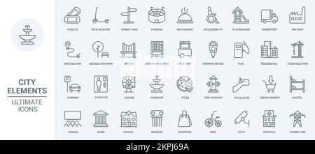 City elements thin line icons set vector illustration. Abstract outline office building and condo skyscrapers, stadium and restaurant, street signs and parking for transport, playground and food court Stock Vector