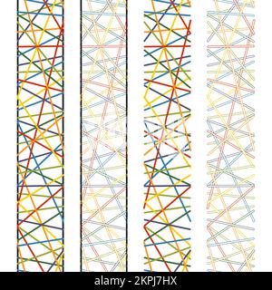 Set of vertical seamless patterns of stripes, ribbons, threads. Color vector illustration on white background. Stock Vector