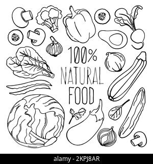 VEGETABLES MONOCHROME Vegetarian Diet Proper Nutrition Clip Art Vector Illustration Set For Print Stock Vector