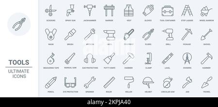 Construction diy tools and equipment for carpentry, building and repair work thin line icons set vector illustration. Abstract outline safety helmet and vest for worker, spanner and hammer, paint Stock Vector
