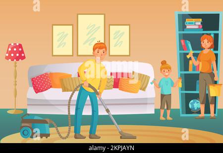 Family housework. People cleaning living room together. Father vacuuming floor, mother and daughter dusting shelf with books. Parents and kid doing ho Stock Vector