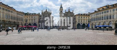 Turin, Italy - 05-06-2022: Wide angle view of San Carlo Square in Turin with two beautiful church Stock Photo