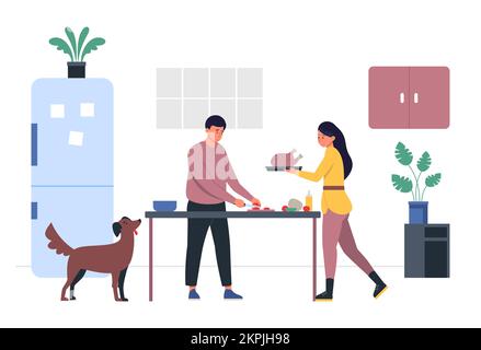 People cooking dinner in kitchen. Man cutting vegetables, woman carrying chicken. Couple preparing food together, dog looking at table. Happy family m Stock Vector