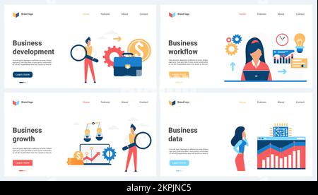 Business development and growth set vector illustration. Cartoon tiny people work on analysis on dashboard for finance investment, holding magnifying glass to research and control data and risks Stock Vector