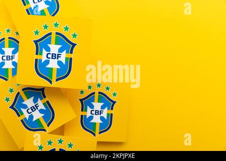 LONDON, UK - December 2022: Brazil national football team logo Brazilian football confederation emblem badge Stock Photo