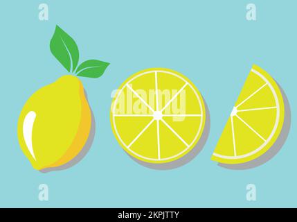 Abstract with three slices of lemon on a blue background. vector with citrus plants Stock Vector