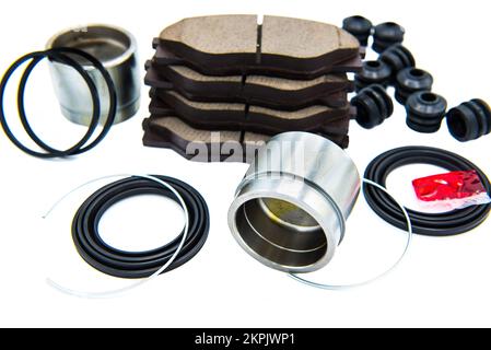 Automotive Spare Parts of disc brake pads system, disc brake caliper piston, disk brake repair kit isolated on white background, Car maintenance servi Stock Photo
