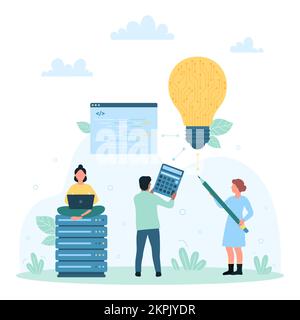 Creation of digital projects, design technology and process vector illustration. Cartoon tiny people create new digital product, engineers work with bright light bulb, software code and tools Stock Vector