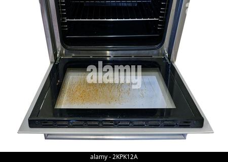 Dirty oven with grease on the glass, isolated on a white background Stock Photo