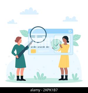 ID card, persons data identification vector illustration. Cartoon tiny characters protect and save confidential information with security shield, check document on badge with magnifying glass Stock Vector