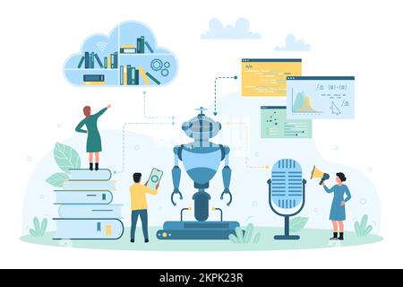 AI and machine learning technology vector illustration. Cartoon tiny people share digital books of online cloud library, audio courses to training robot, engineers search algorithms for bot education Stock Vector