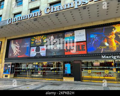 Paris, France, Wide Angle View, Outside Front, French Cinema THeatre, Marquee, Movie Posters, Gaumont Champs-Elysees, Ave. Champs-Elysées, Stock Photo