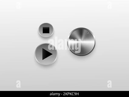 Technology dial knob, play and stop button with metal texture for sound control. Vector illustration. Stock Vector